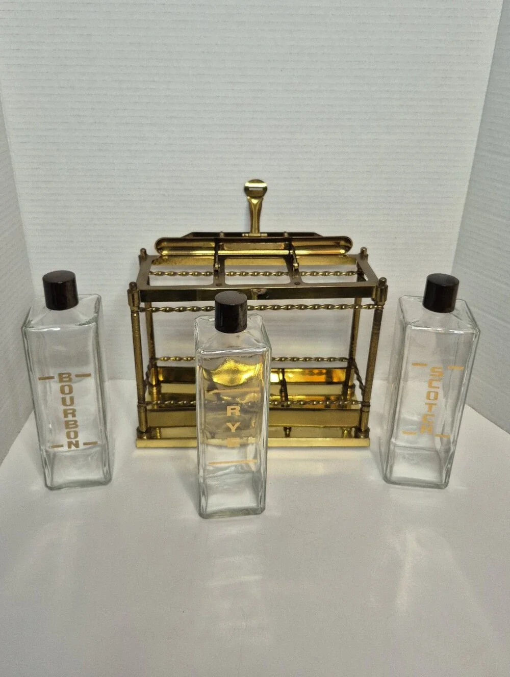 Vintage Tantalus Decanter Set Mid Century Modern Bar Caddy Liquor Glass Bottles